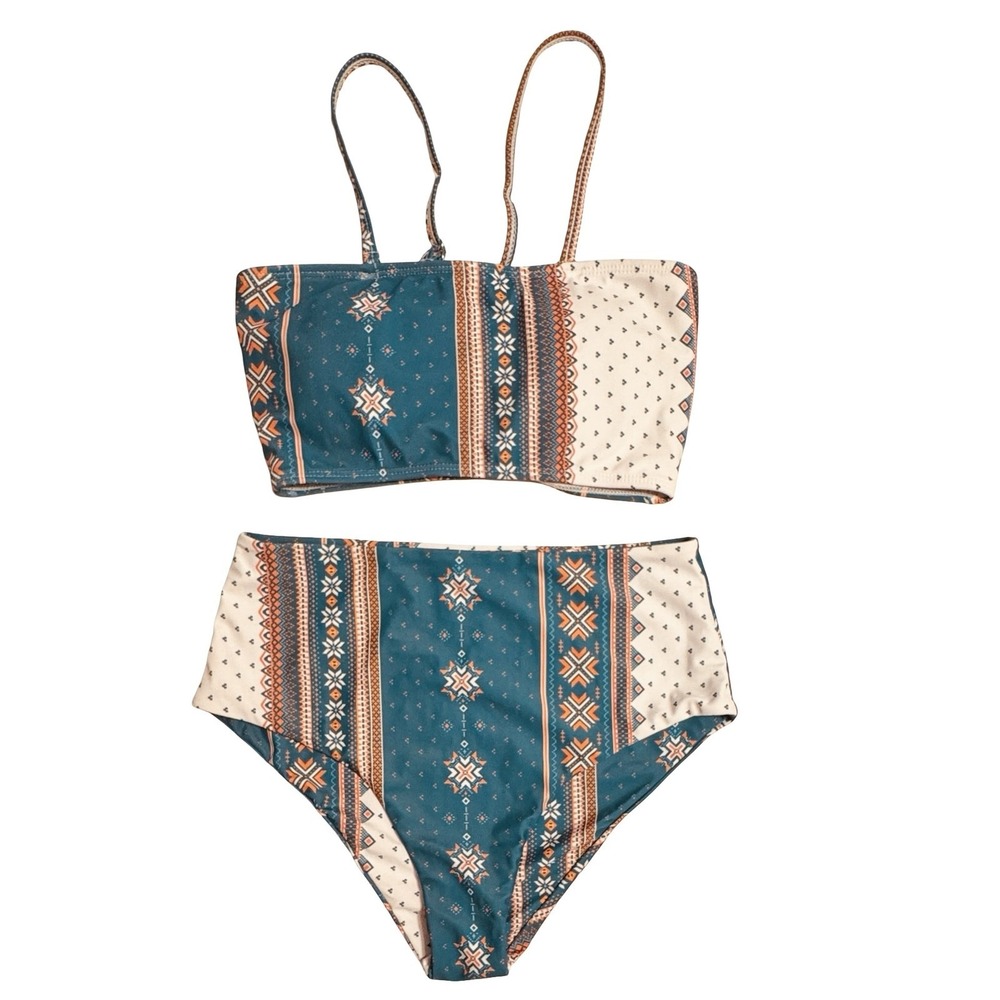 SHEIN Bikini Swimsuit Womens‎ Small Geometric Lace Up Top High Waisted Swimwear